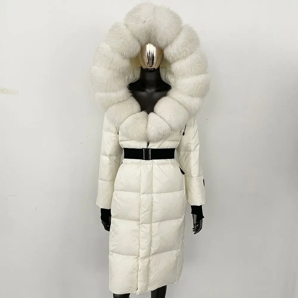 long coat with fox fur hood and belted waist