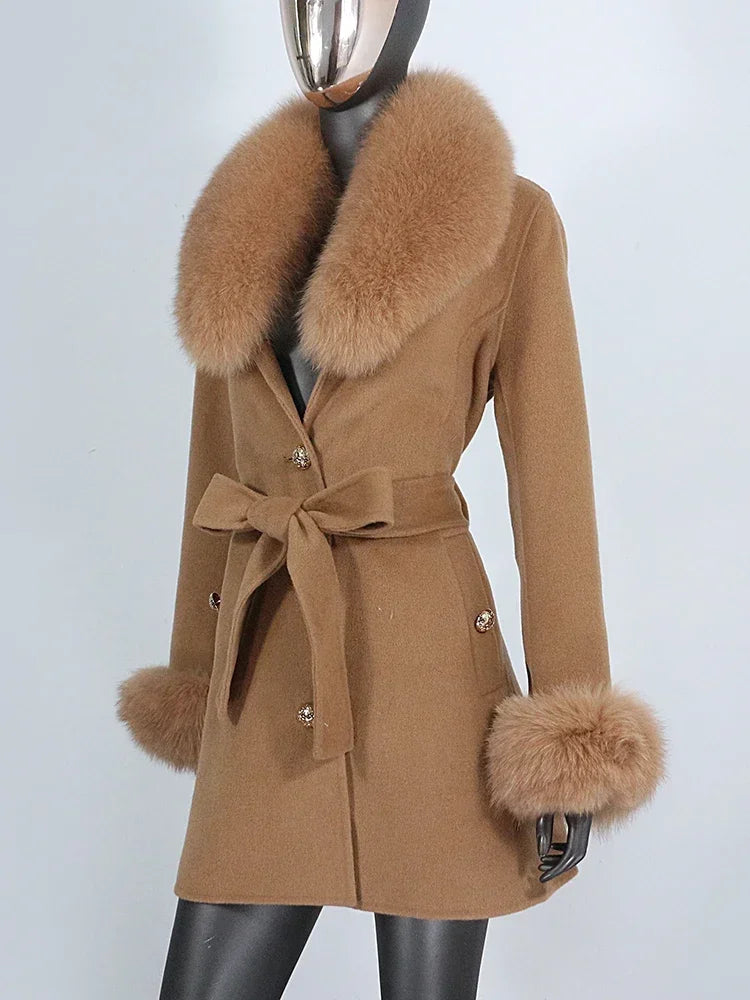 Long Winter Jacket Women Cuffs Belt Cashmere Real Fur Coat Natural Fox Fur Collar