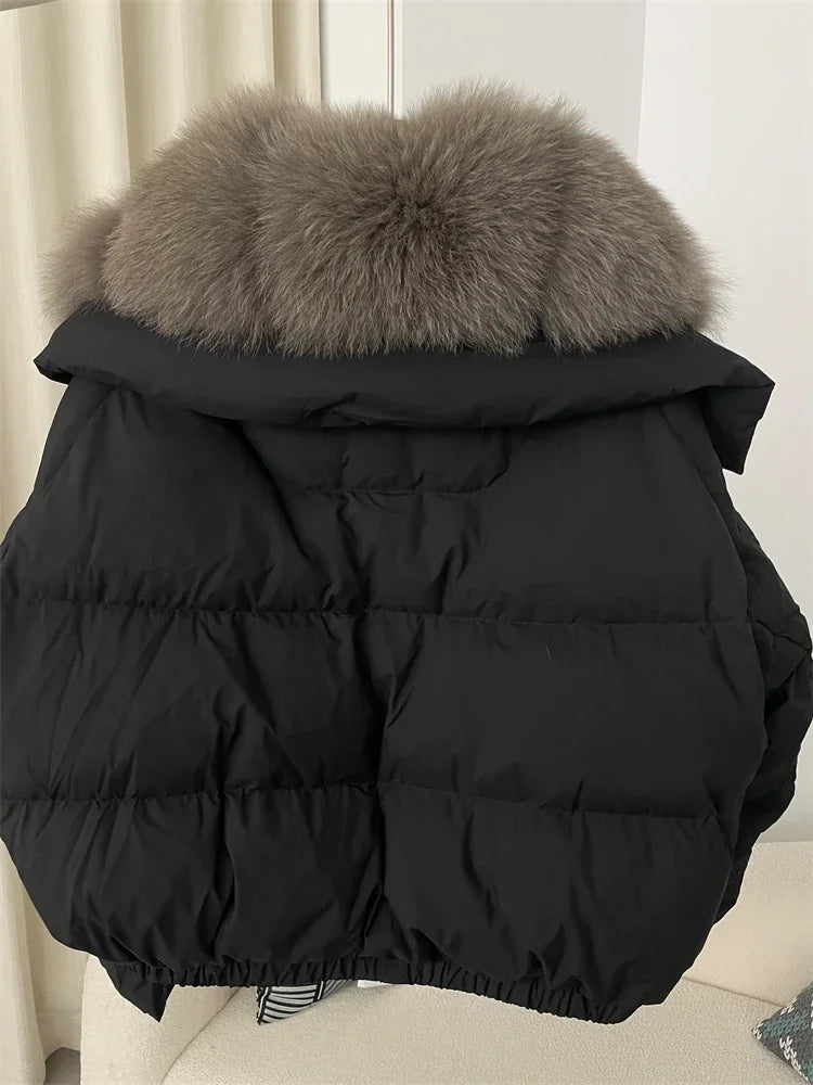 cropped duck down winter coat with real fox fur