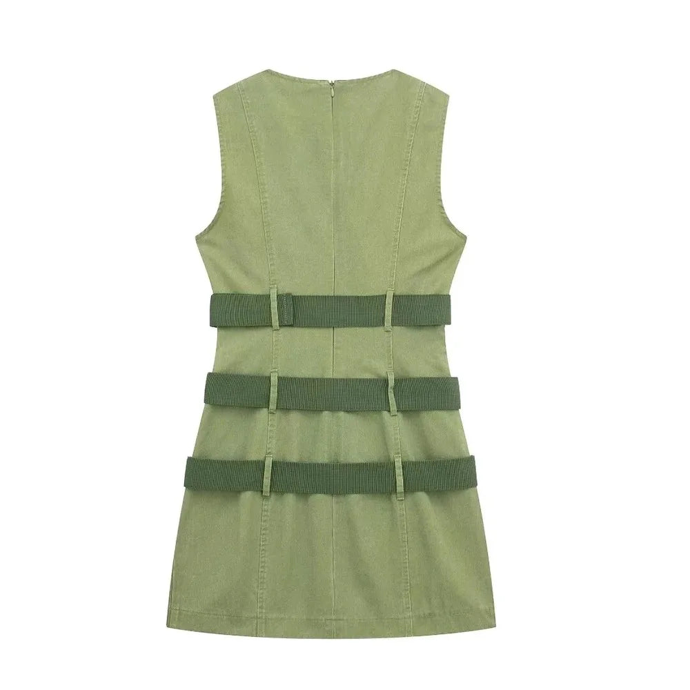 Army Green Vest Wide Belt Dress