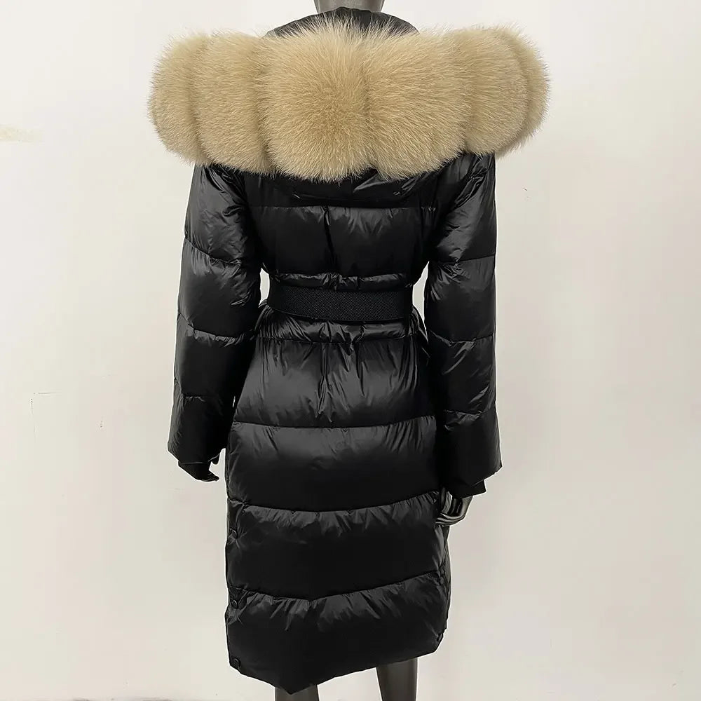 long coat with fox fur hood and belted waist