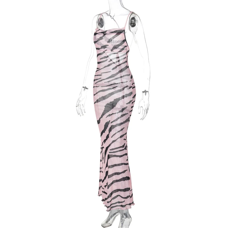 Zebra Long Beach Dress Cover-Up Transparent Mesh