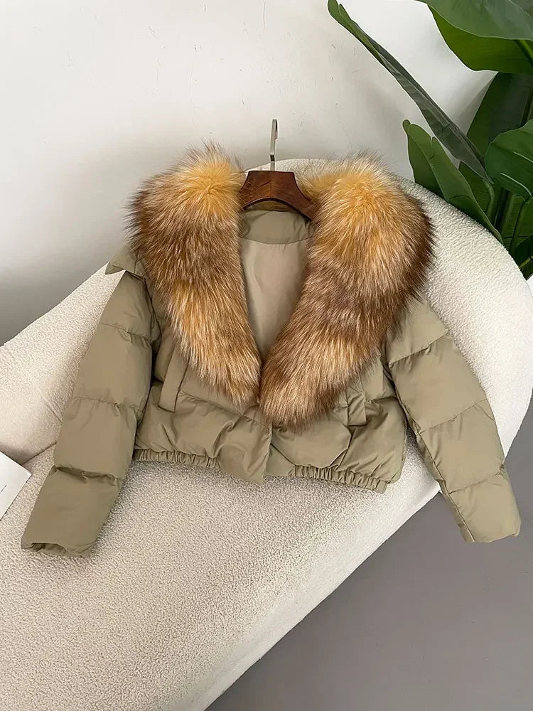 cropped duck down winter coat with real fox fur