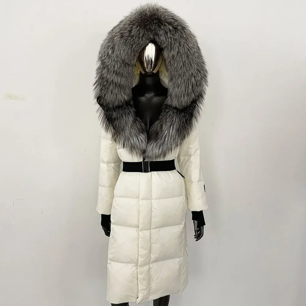 long coat with fox fur hood and belted waist