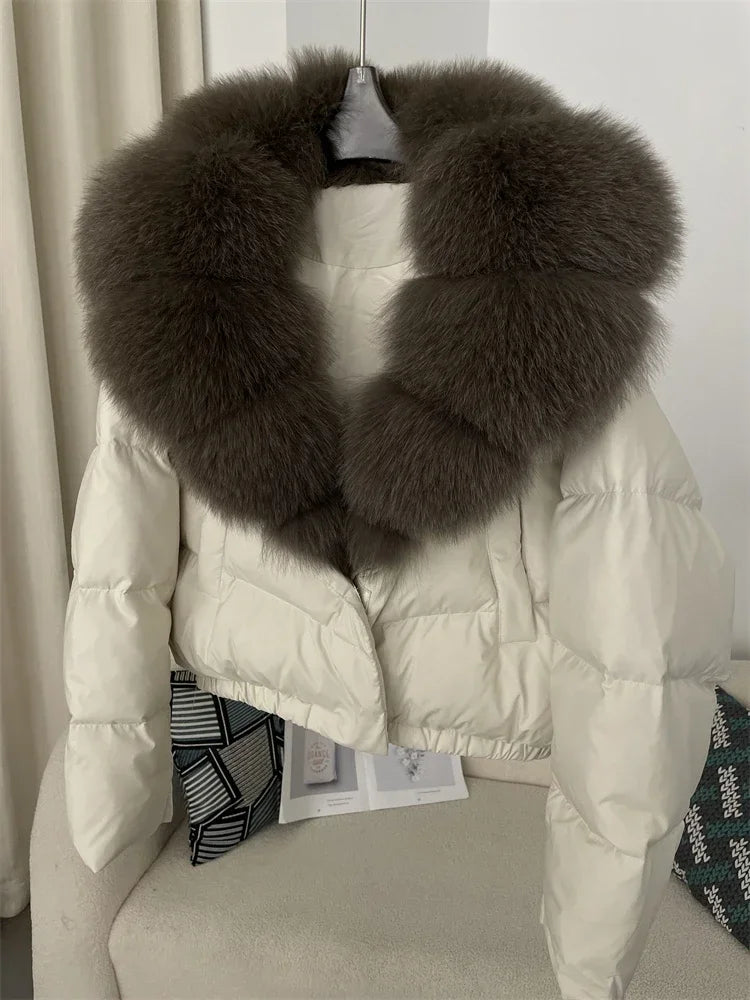 cropped duck down winter coat with real fox fur