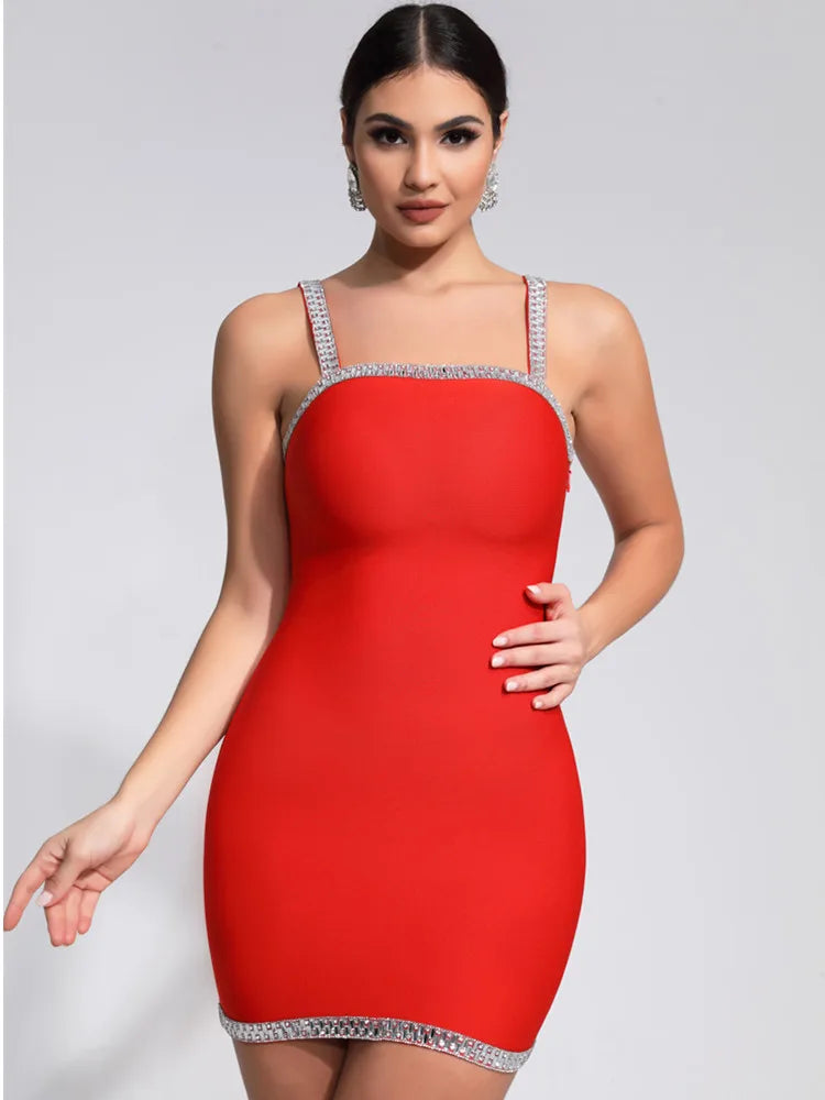 Luxury Red Crystal Mini Bandage Dress