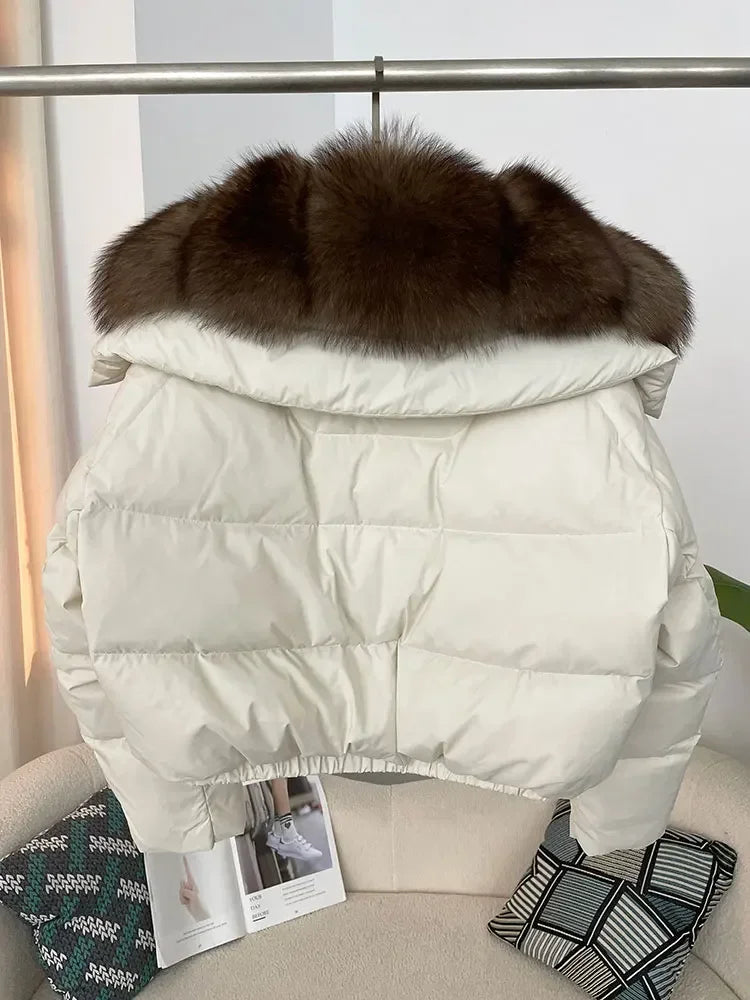 cropped duck down winter coat with real fox fur