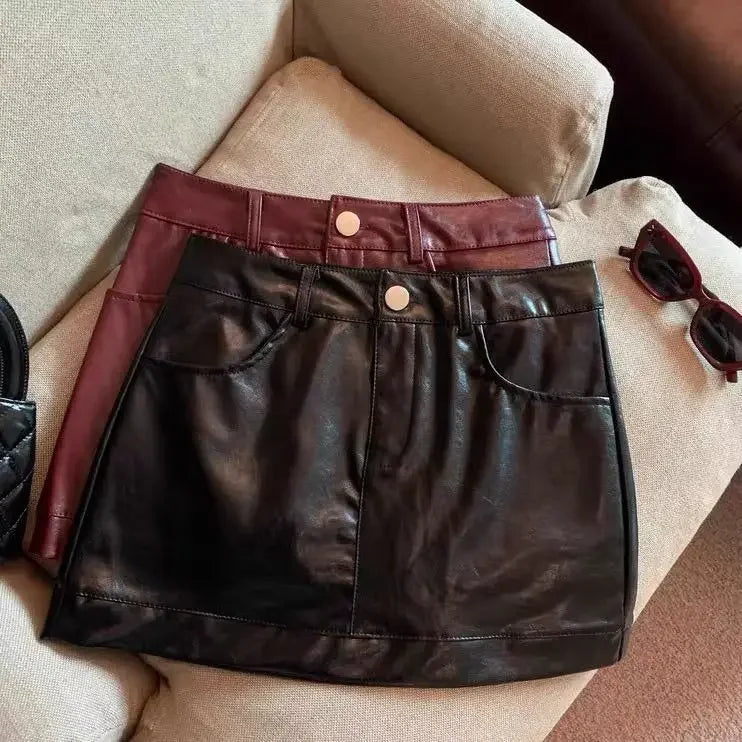 Black and wine red leather skirt