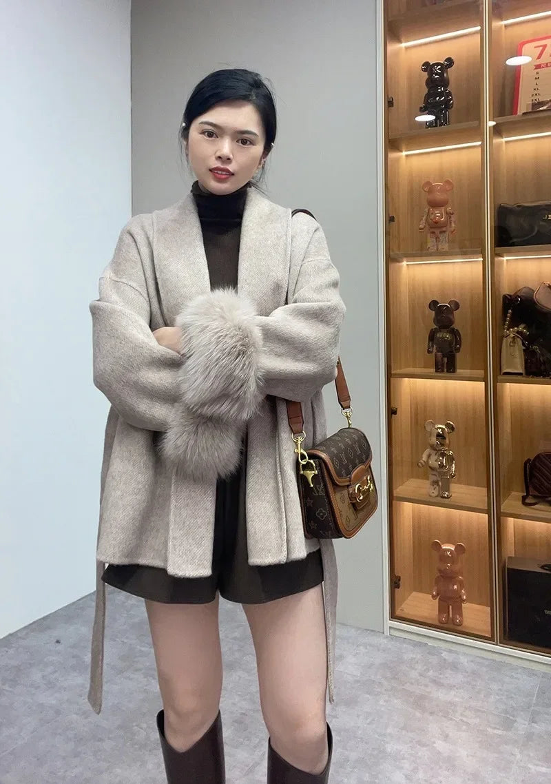 Real Wool Fur Coat Women's Removable Cuffs Fox Fur