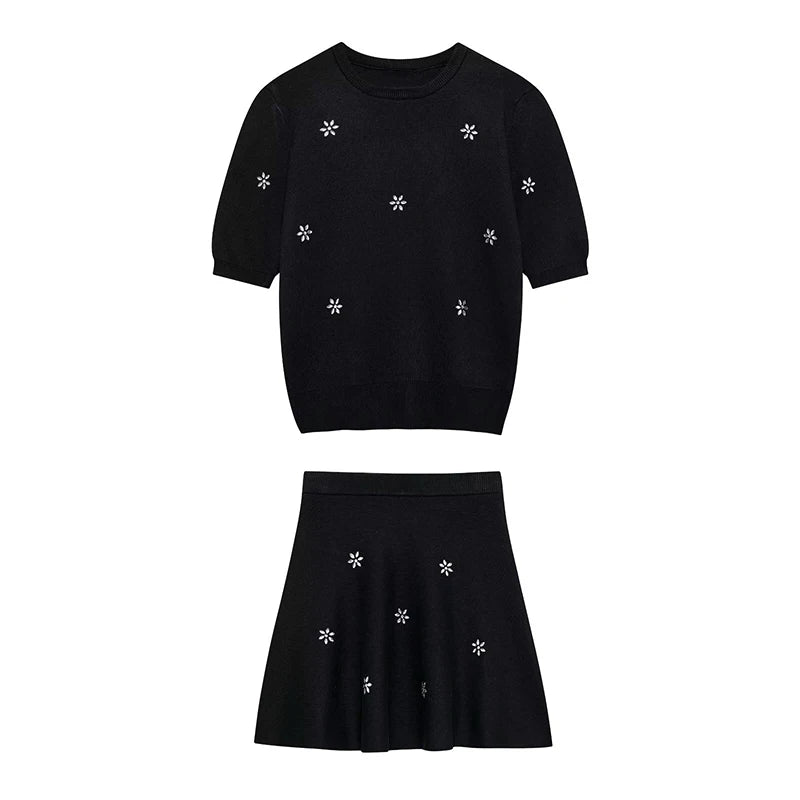 Knitted Rhinestone Mini Skirts Set Women 2 Pieces Short Sleeve