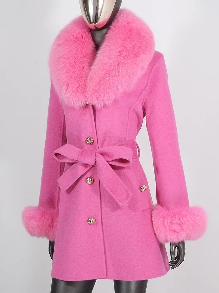 Long Winter Jacket Women Cuffs Belt Cashmere Real Fur Coat Natural Fox Fur Collar