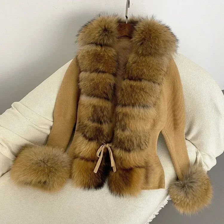 Real fox Fur Cardigan Detachable Collar