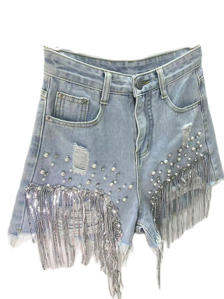 Denim Shorts Elegant Lady Tassel Beading