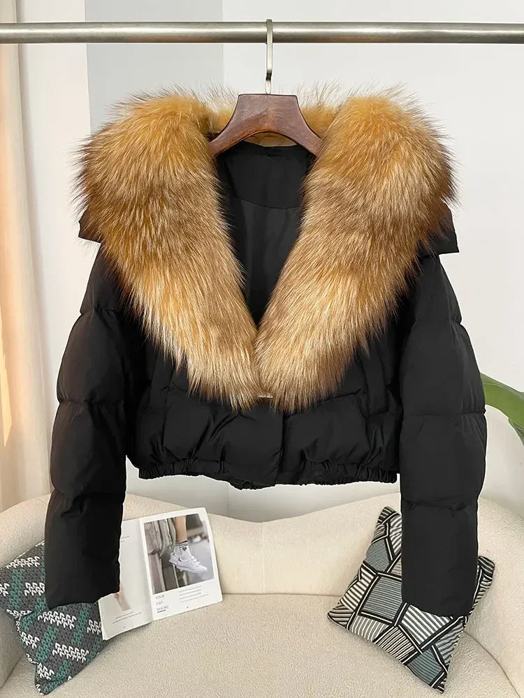 cropped duck down winter coat with real fox fur