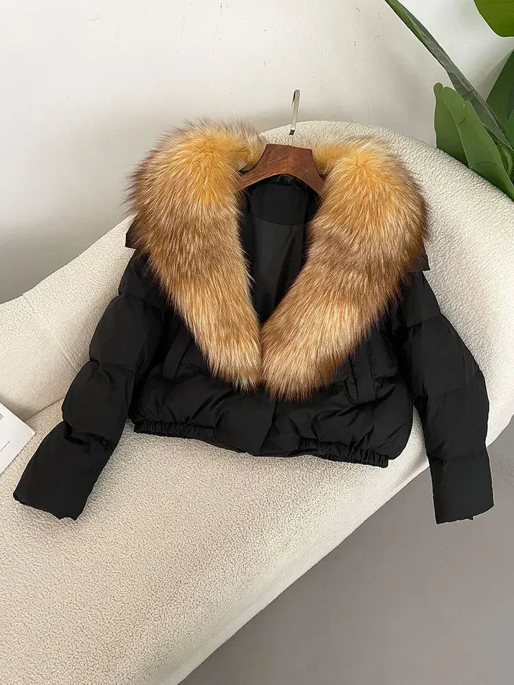 cropped duck down winter coat with real fox fur