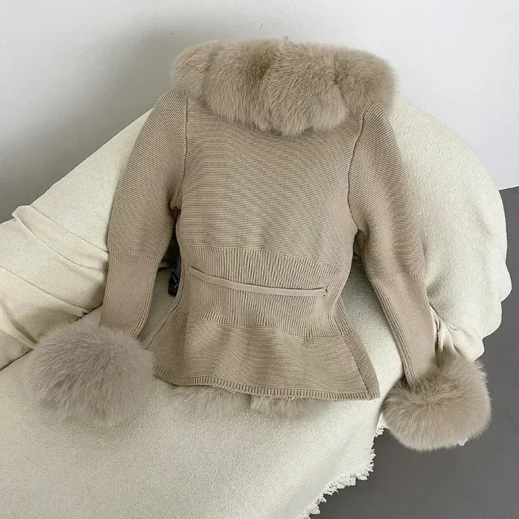 Real fox Fur Cardigan Detachable Collar