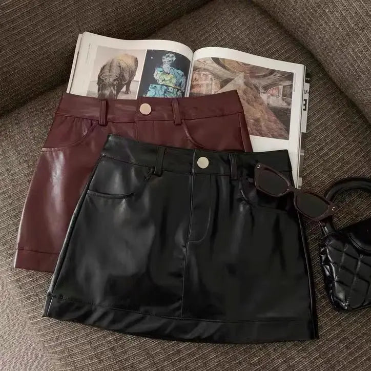 Black and wine red leather skirt