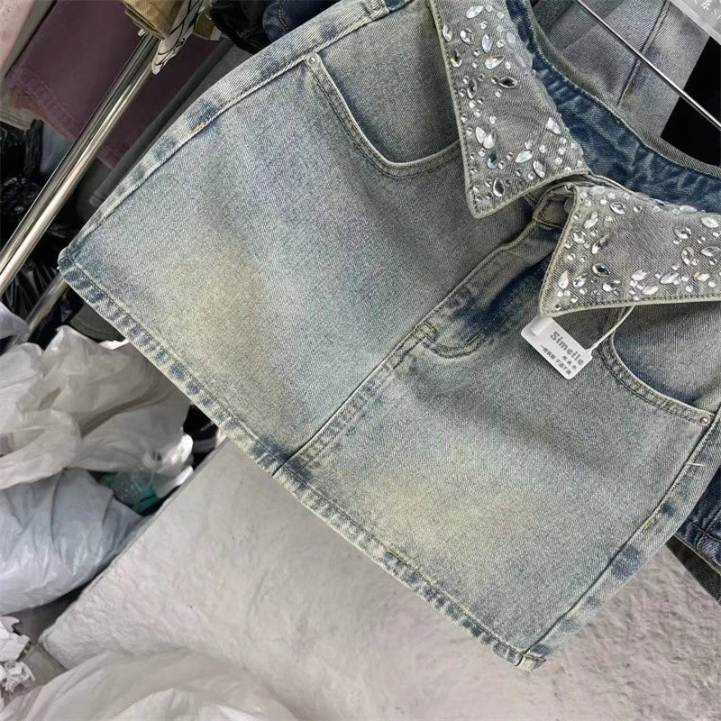 Rhinestones Short Jean Skirt