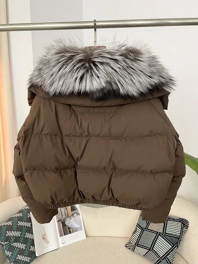 cropped duck down winter coat with real fox fur