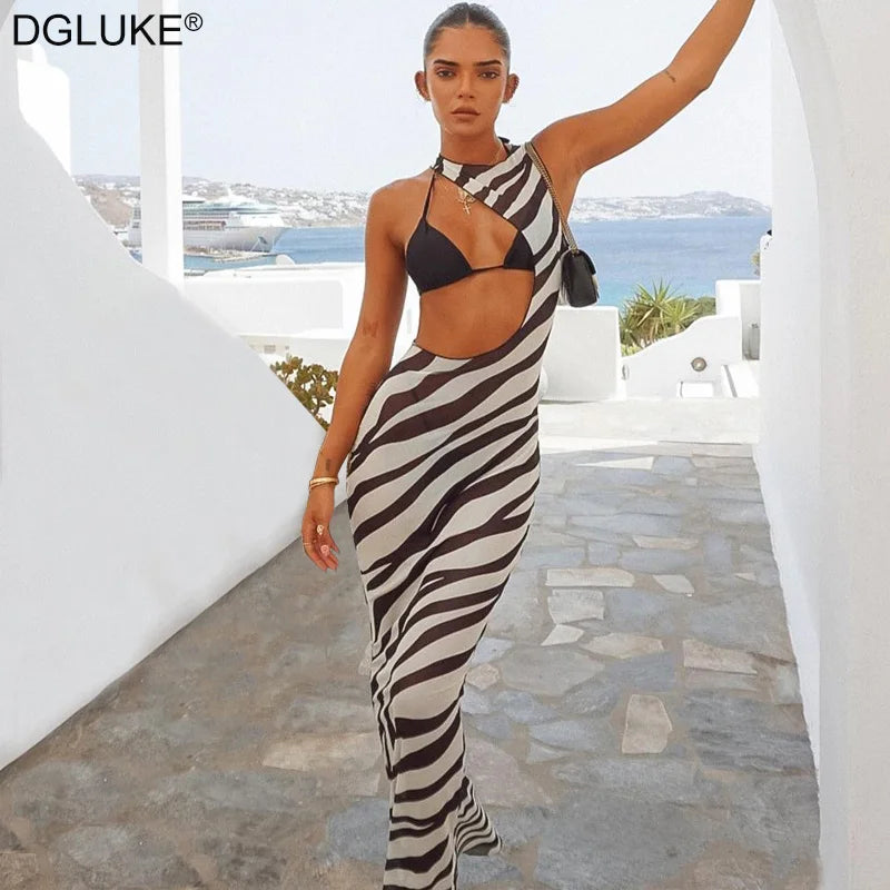 Zebra Long Beach Dress Cover-Up Transparent Mesh