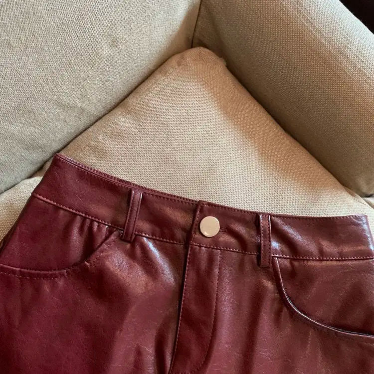 Black and wine red leather skirt