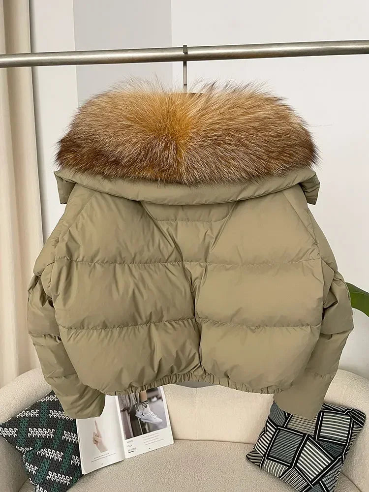 cropped duck down winter coat with real fox fur