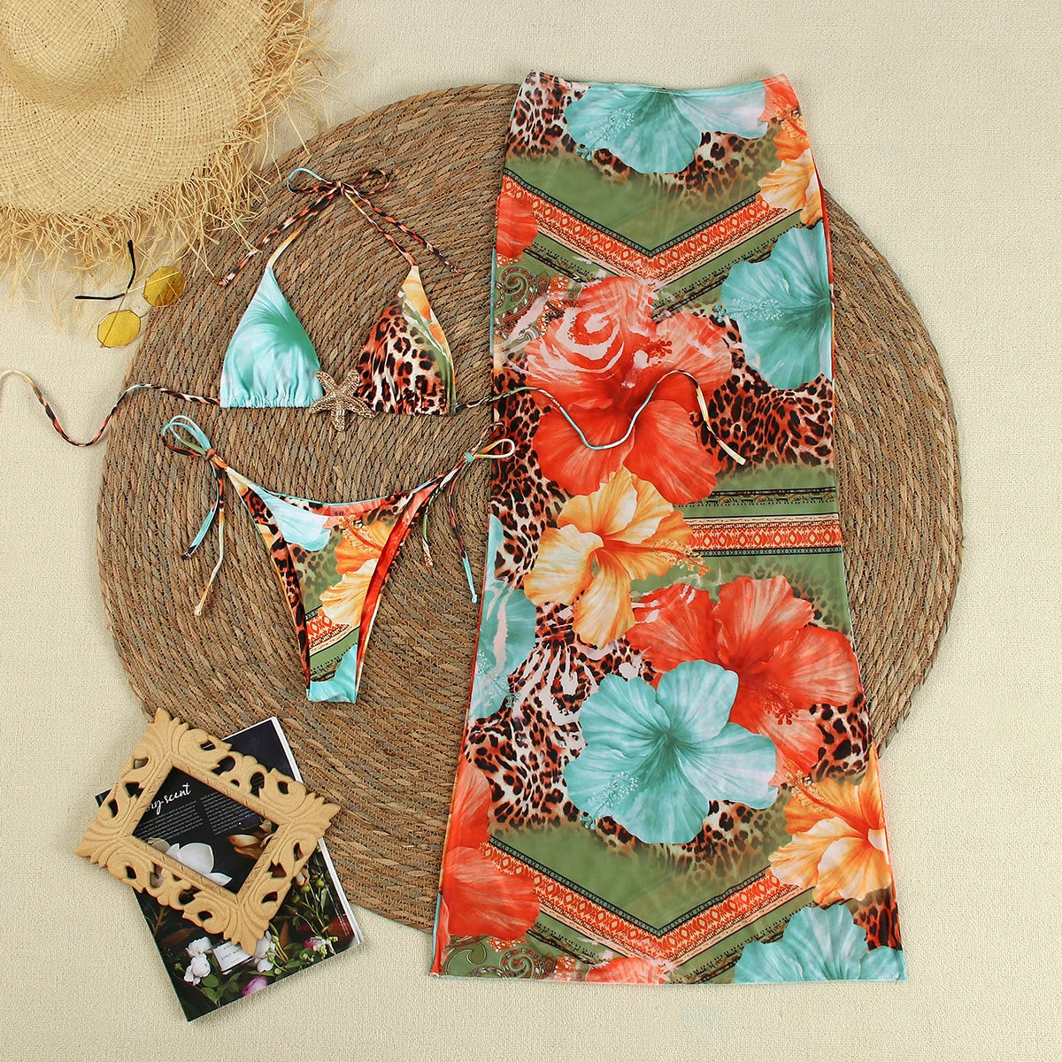 3 Piece floral lepoard print Bikini