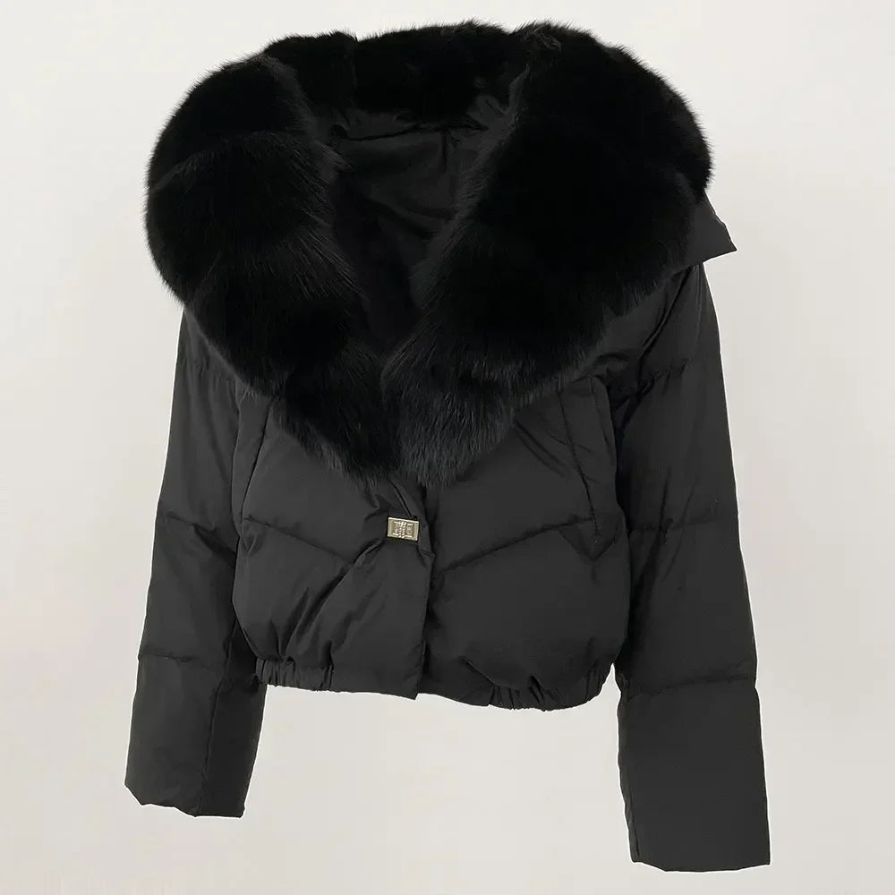 cropped duck down winter coat with real fox fur