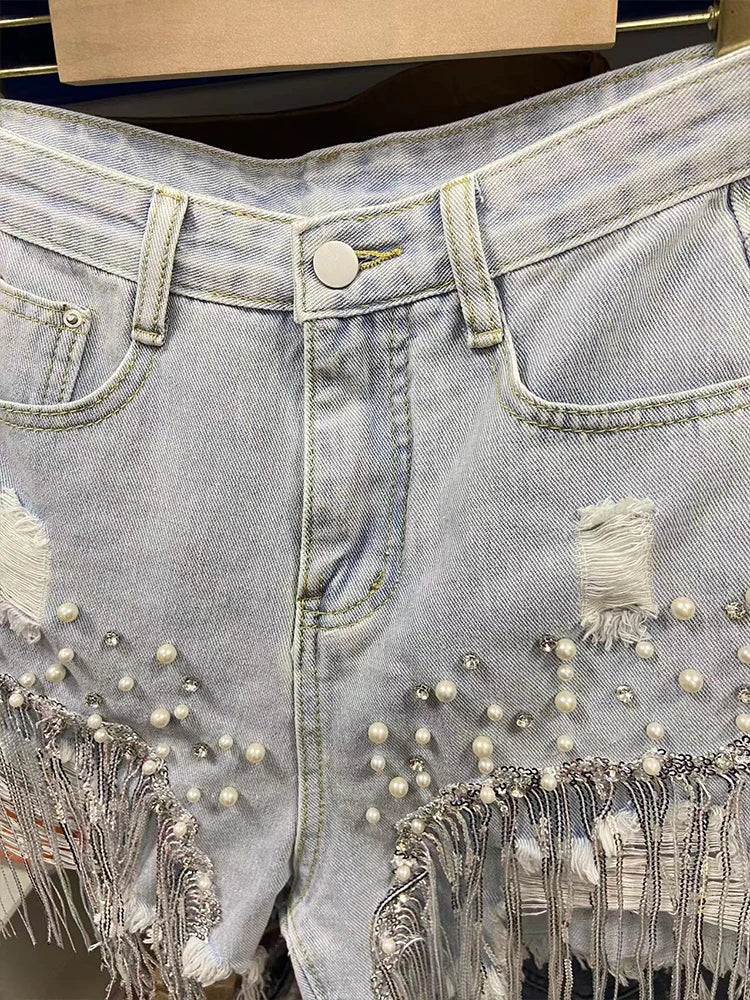 Denim Shorts Elegant Lady Tassel Beading