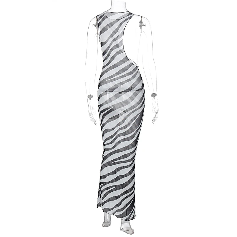 Zebra Long Beach Dress Cover-Up Transparent Mesh