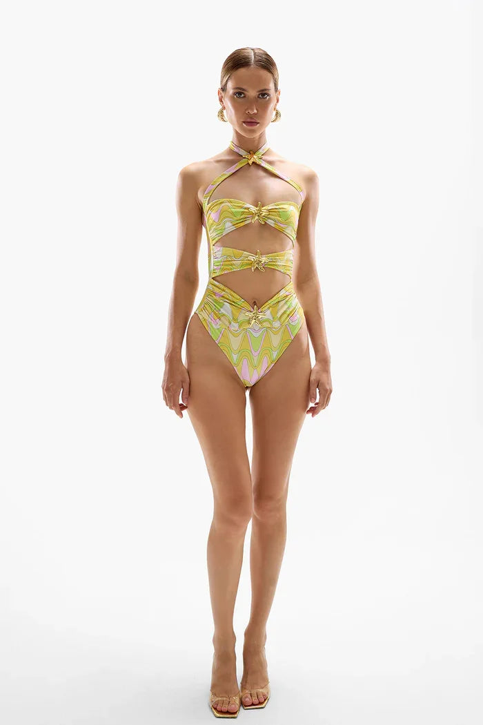 cut out star fish swimsuit with matching sarong and cover up