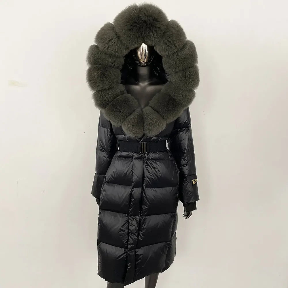 long coat with fox fur hood and belted waist