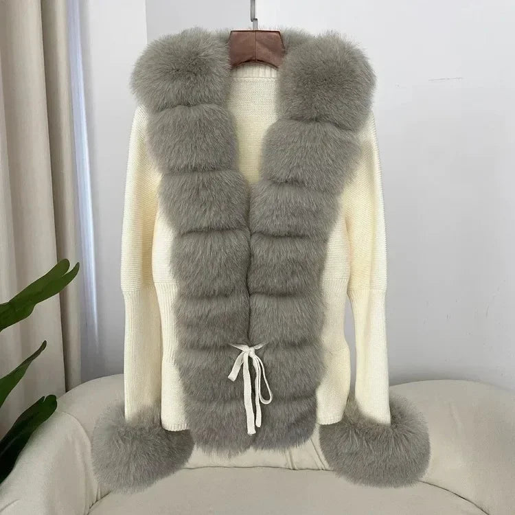 Real fox Fur Cardigan Detachable Collar