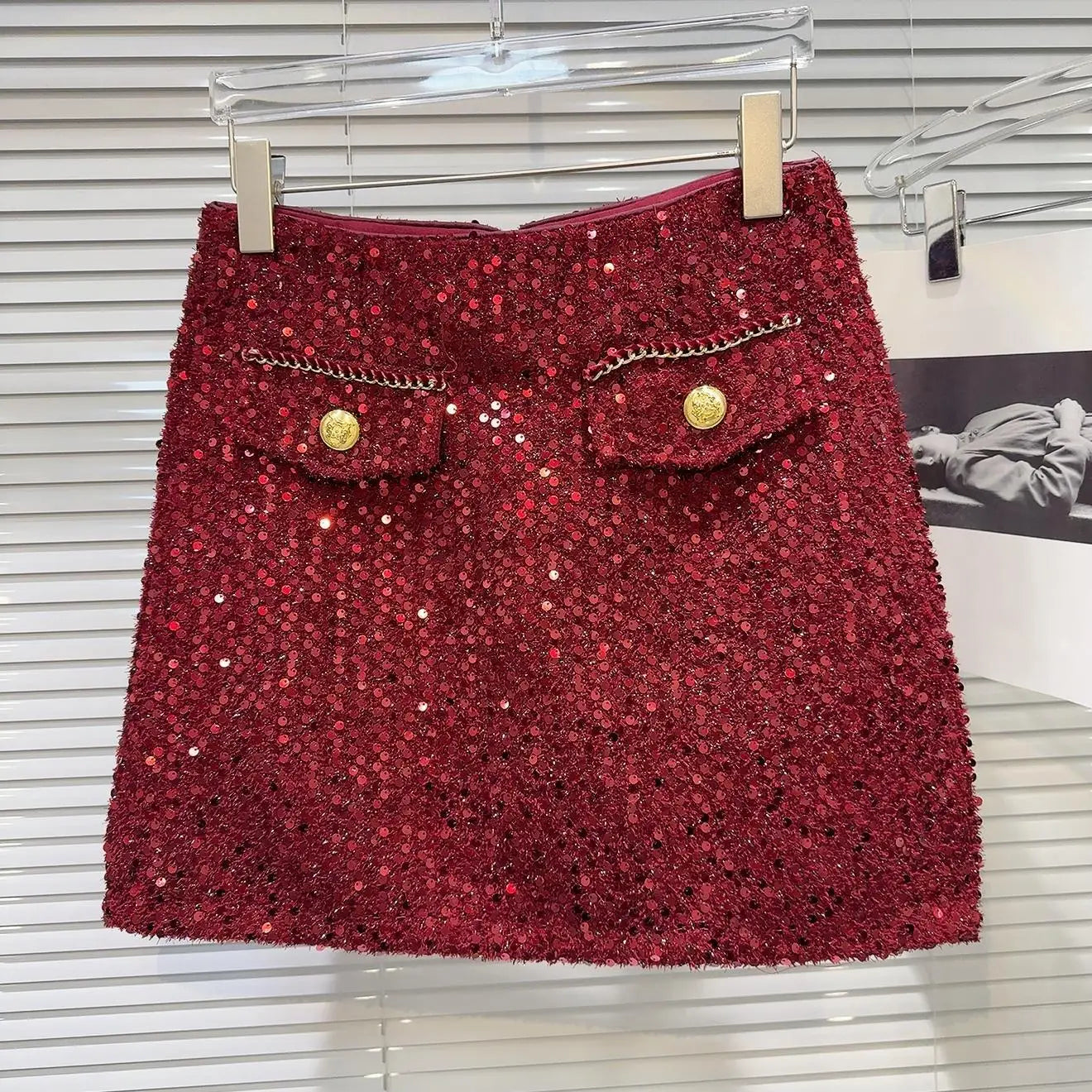 Metal Buttons Pockets Sequins Tweed Skirt