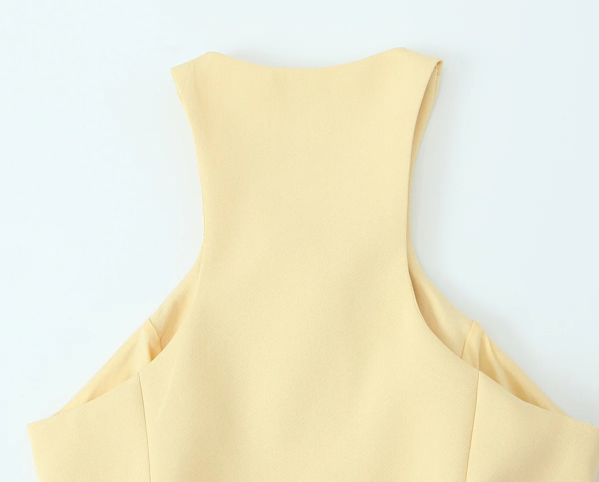 Yellow V-Neck Sleeveless Belt Tops+High Waist Pocket Belt Long Skirts