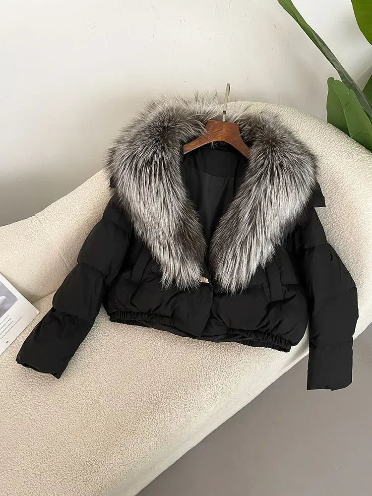 cropped duck down winter coat with real fox fur