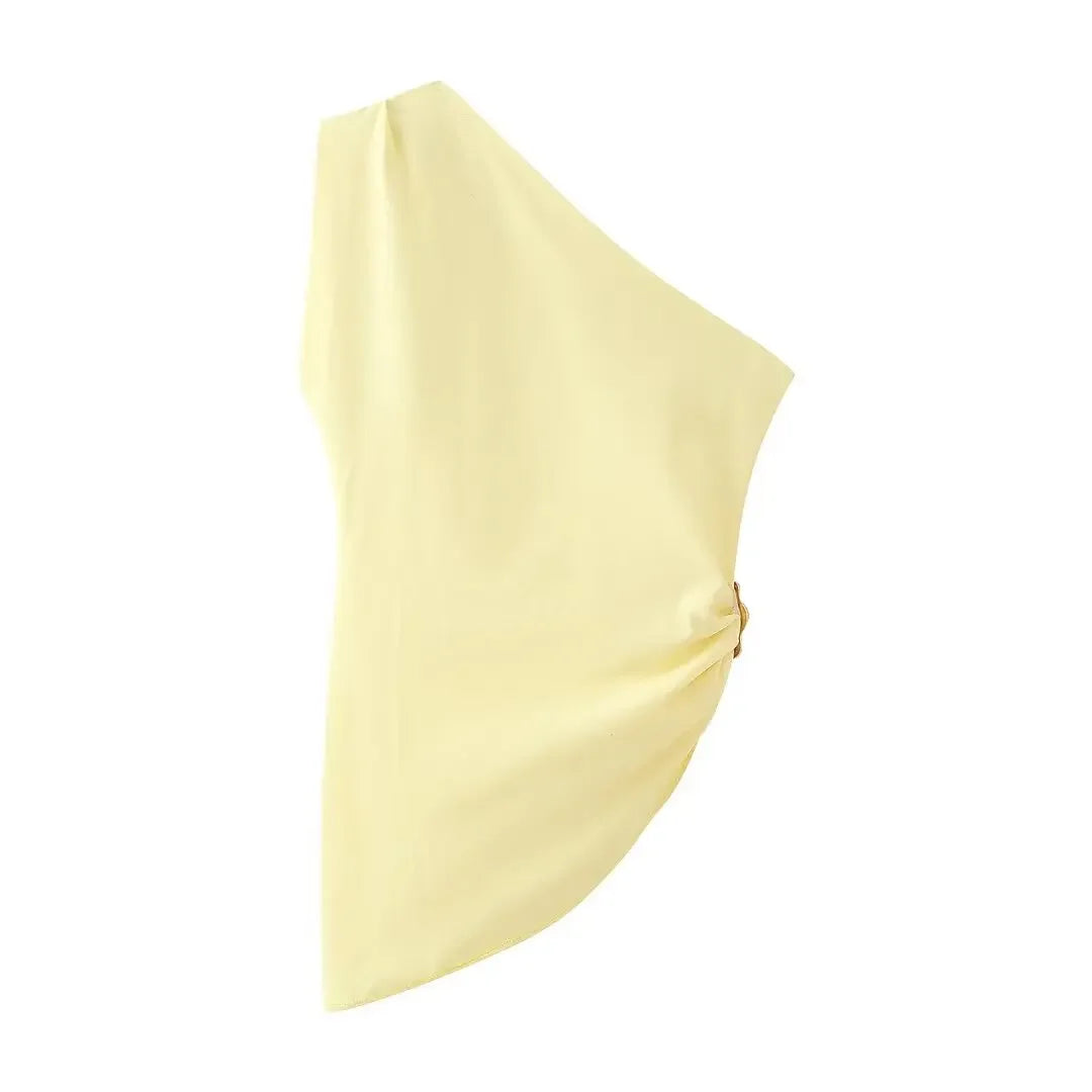 Yellow Pleated Bandage Asymmetrical Tops