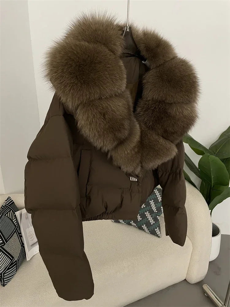 cropped duck down winter coat with real fox fur