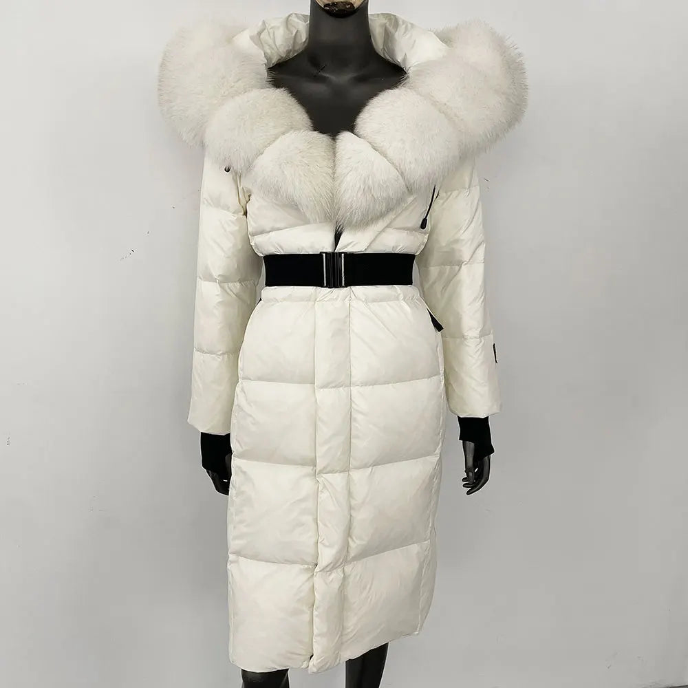 long coat with fox fur hood and belted waist