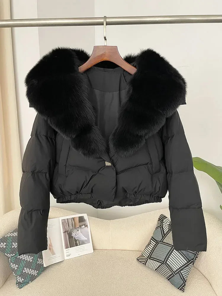 cropped duck down winter coat with real fox fur