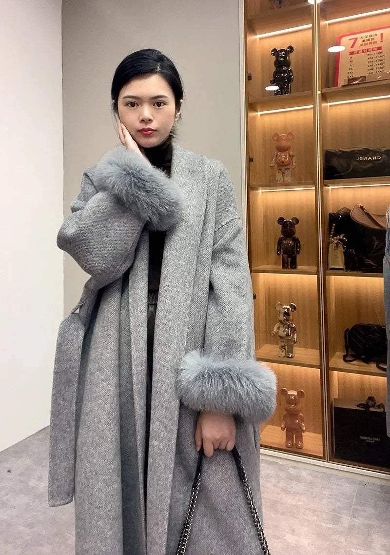 Real Wool Fur Coat Women's Removable Cuffs Fox Fur