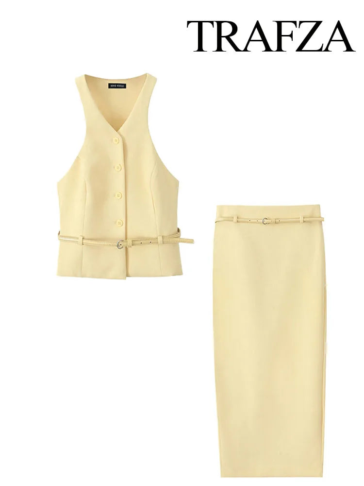 Yellow V-Neck Sleeveless Belt Tops+High Waist Pocket Belt Long Skirts