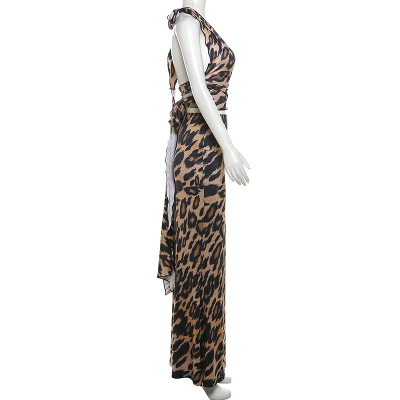 two piece leopoard print maxi skirt and halter neck top