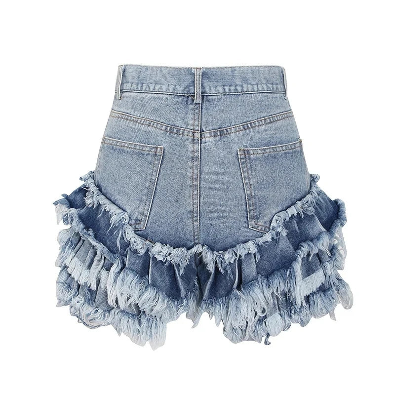 Solid Patchwork Folds Denim Short