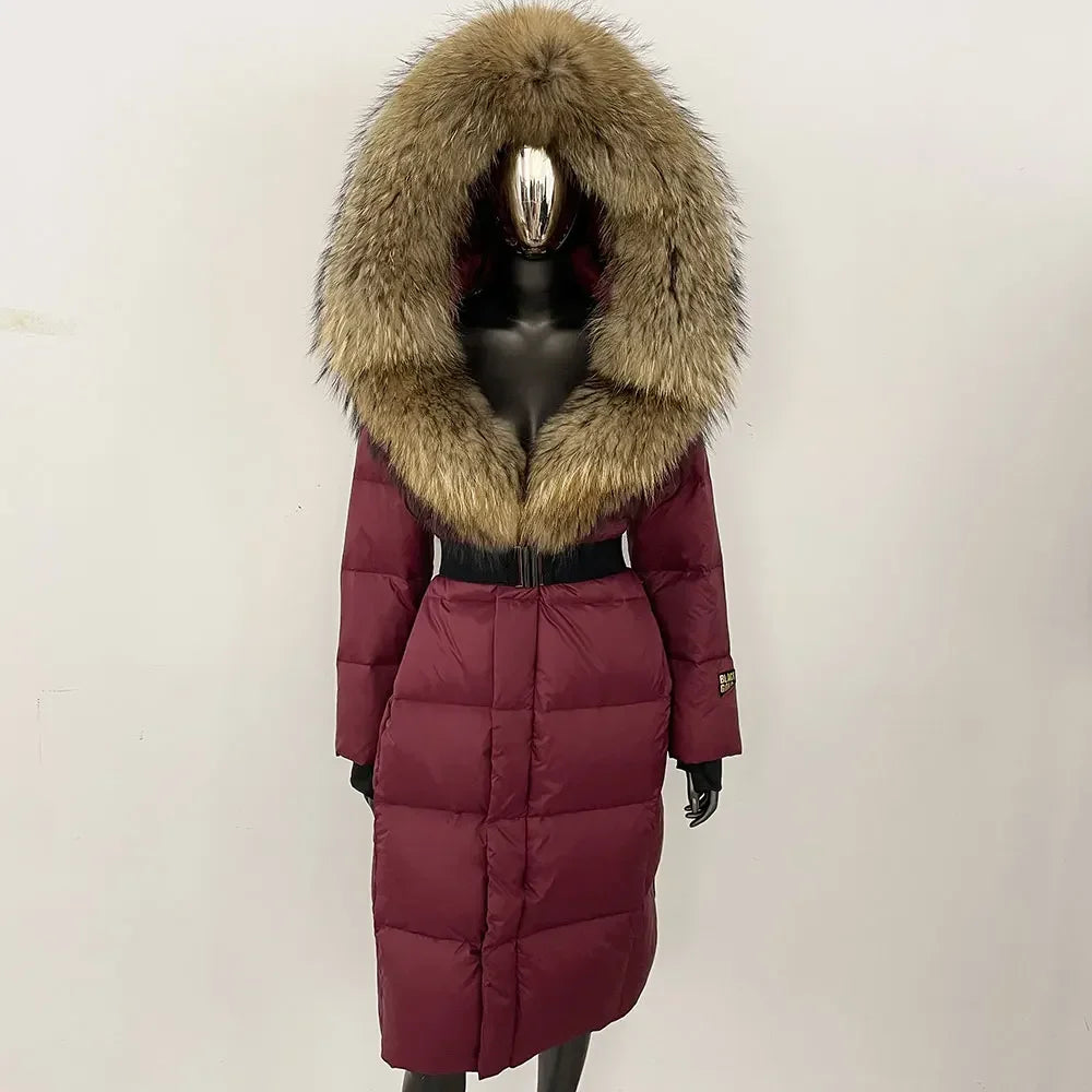 long coat with fox fur hood and belted waist