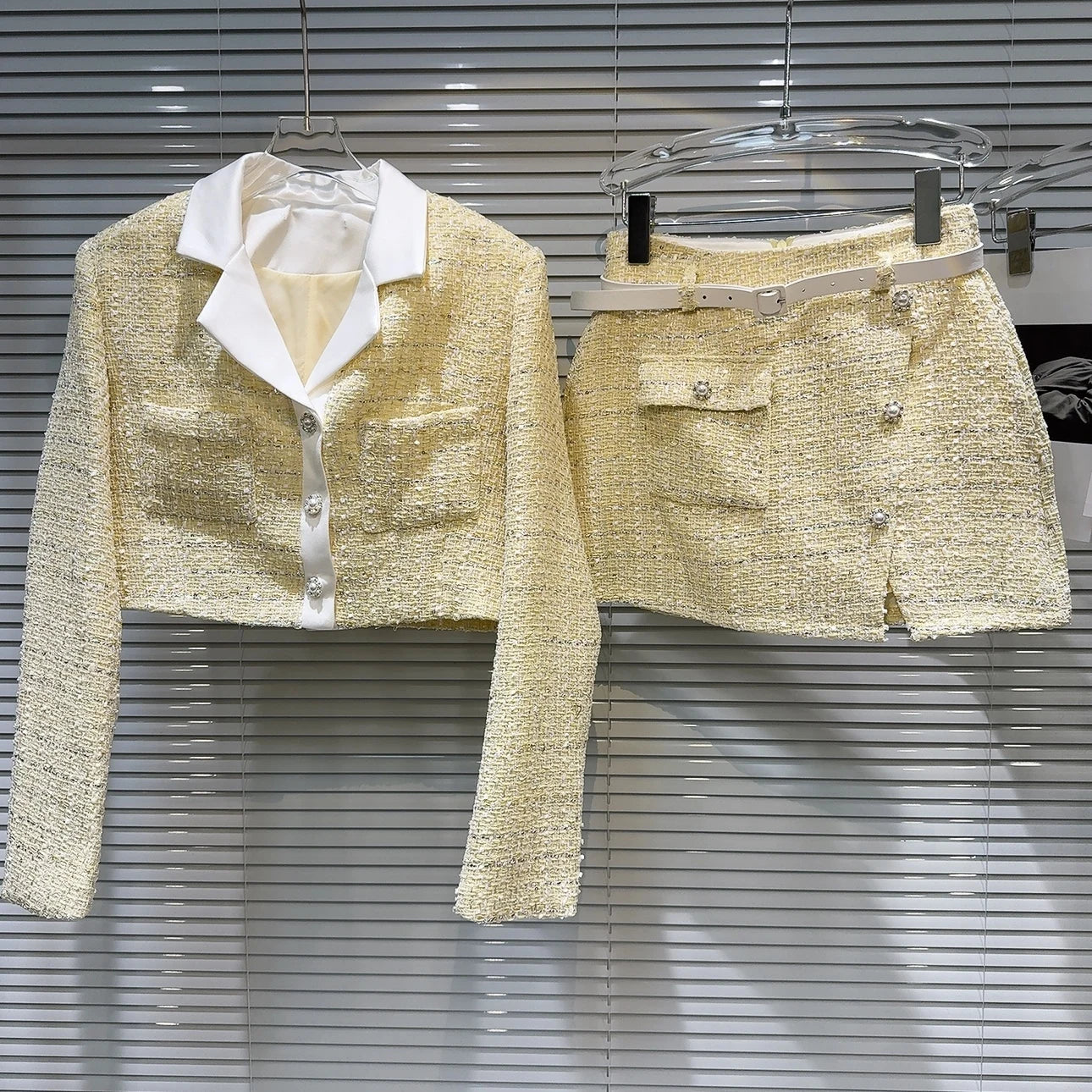 Yellow Tweed Short Jacket Skirt Two Piece Set