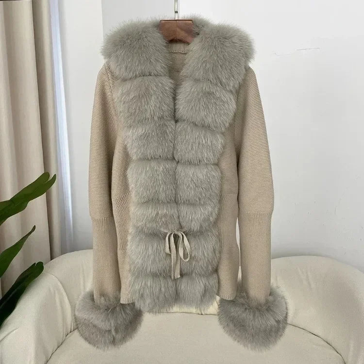 Real fox Fur Cardigan Detachable Collar