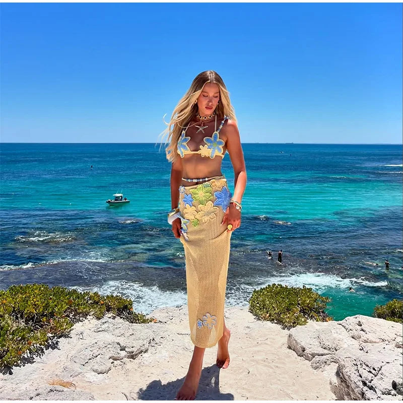 Flower crochet maxi skirt, vest top and bikini top