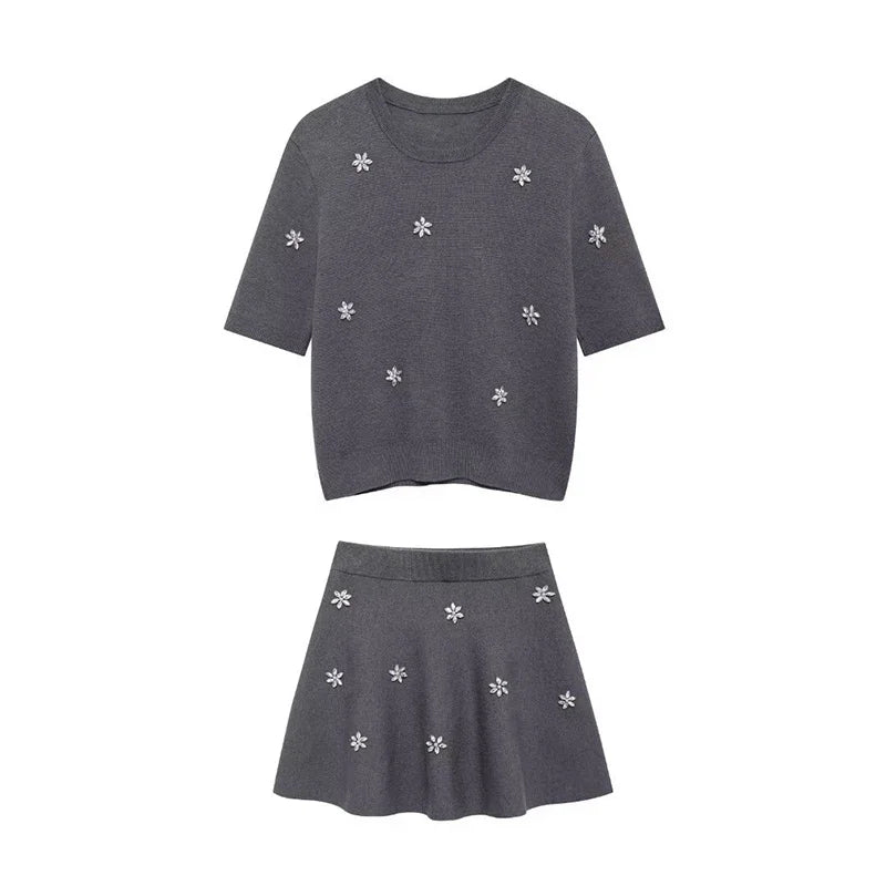 Knitted Rhinestone Mini Skirts Set Women 2 Pieces Short Sleeve