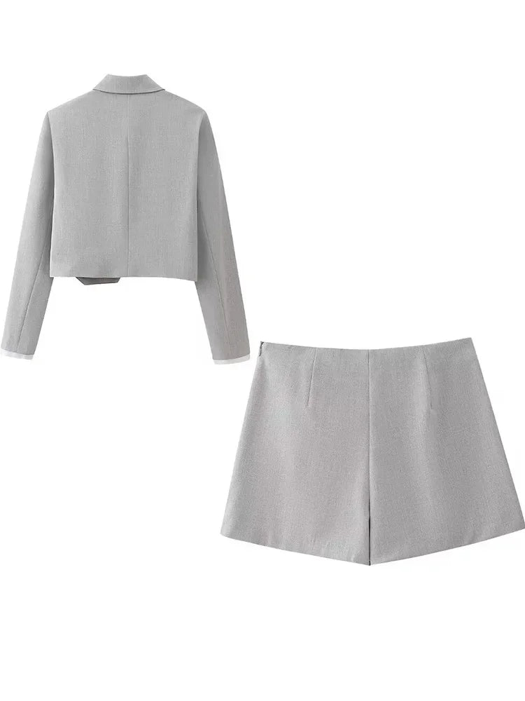 2 Piece Set Grey Single Breasted Lapel Neck Shirts & Vintage Side Zipper Skorts